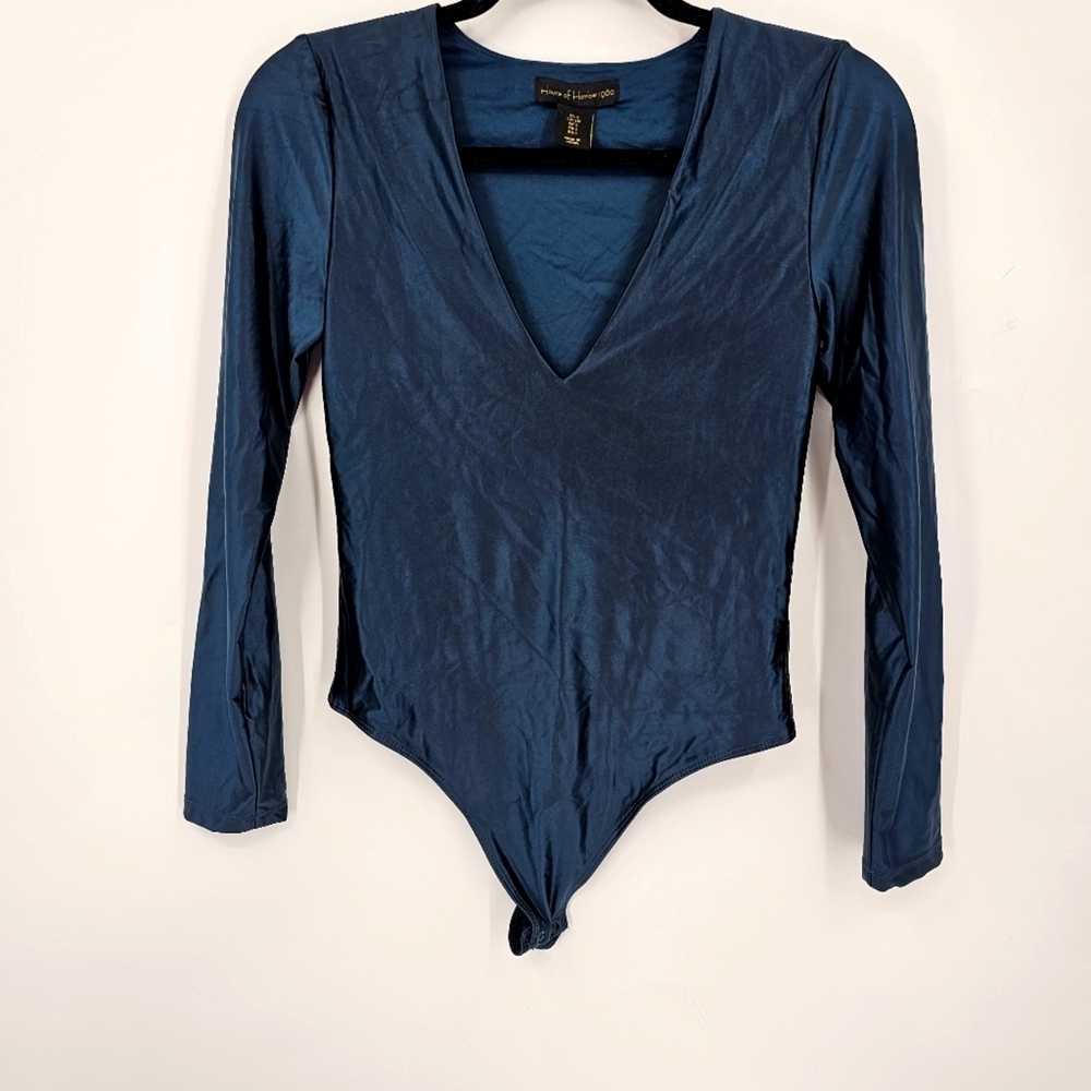 House of Harlow Teal Faux Latex Look Long‎ Sleeve Bodysuit Size S